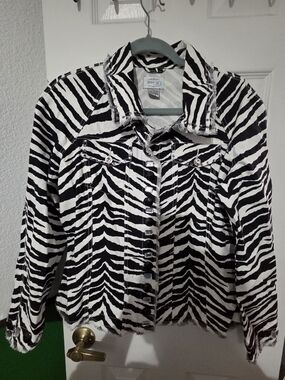 Y2k Women's Embellished Zebra-Print Denim Jacket - Black & White, Size L, NWOT